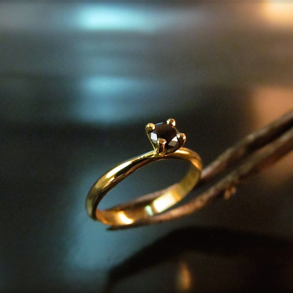 14K Solid Gold Black Diamond Engagement Ring | Handcrafted Unconventional band